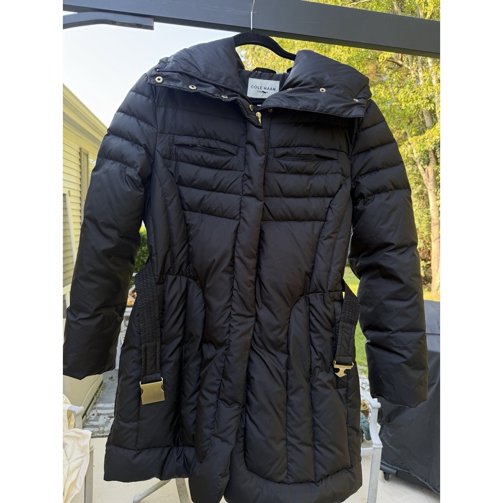 Cole Haan Signature Womens XL Black Down Puffer Coat Belted Hooded. 5344